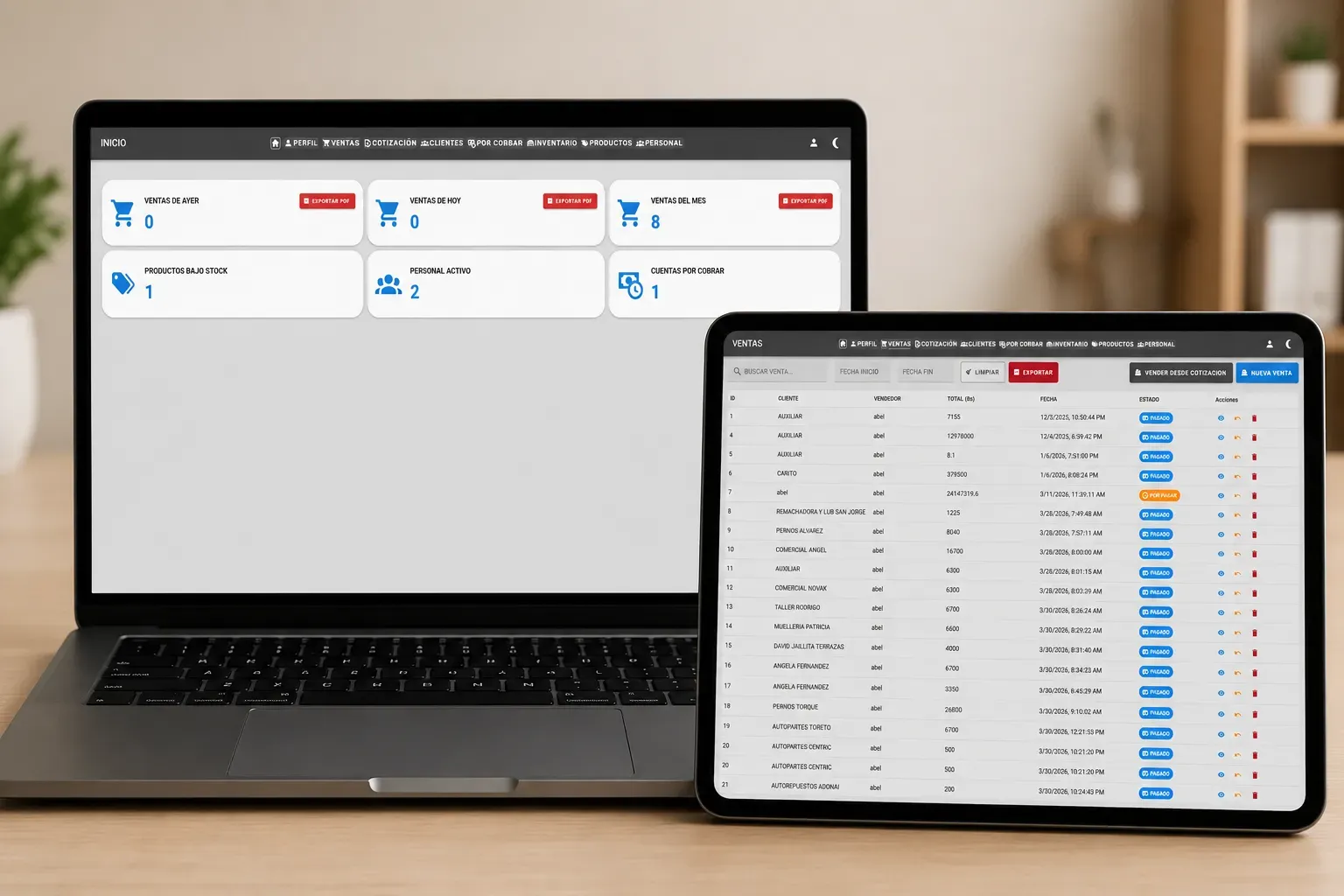 Sistema para ferreterías MultiControlSoft en laptop y tablet